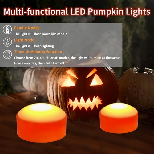 2 Pack Halloween LED Pumpkin Lights with Remote & Timer - Flickering Jack-O-Lantern Candles