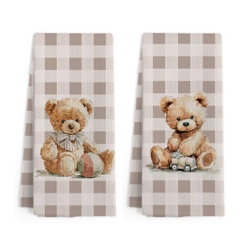 Checkered Rustic Bear Nursery Kitchen Towels Set of 2 - Neutral Baby Hand Towels