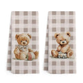 Checkered Rustic Bear Nursery Kitchen Towels Set of 2 - Neutral Baby Hand Towels
