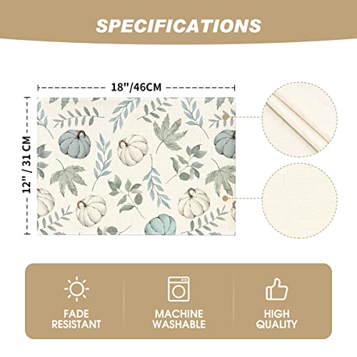 Blue Maple Leaf Fall Placemats Set of 4 - 12x18 Inch Autumn Table Decor, Rectangular, Beige & Blue