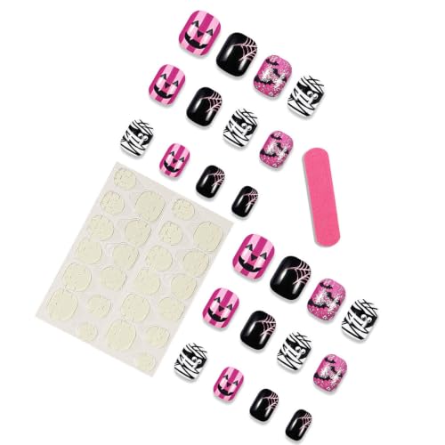 Halloween Press On Nails Short Square Glossy Fake Nails Set - Purple Black White Variation