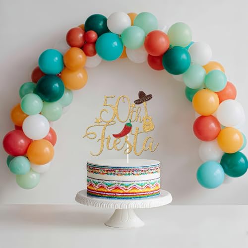 Gold Glitter 50th Fiesta Cake Topper - Mexican Theme Birthday Decor
