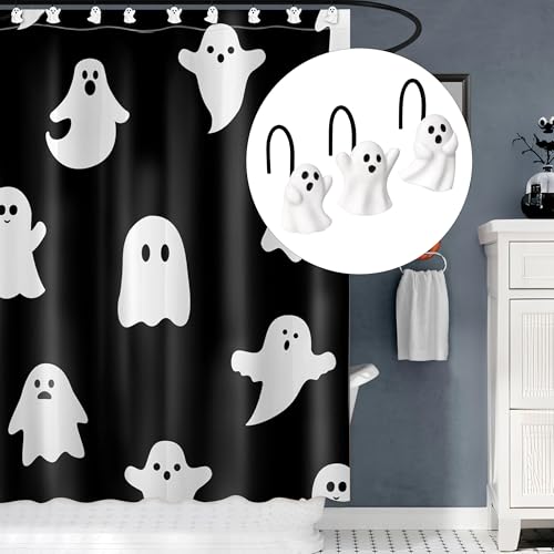 Ghost Shower Curtain Hooks - White Ghost with Black Hooks, Set of 12 Bathroom Decor