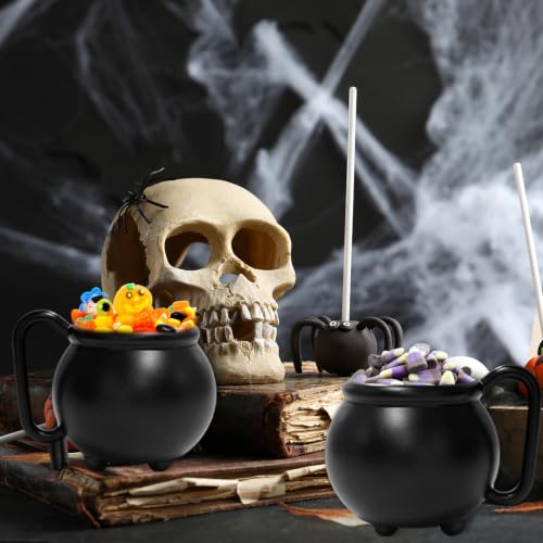 12-Pack Black Plastic Cauldron Mugs for Halloween Party Drinks & Snacks