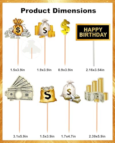 10PCS Money Theme Cake Toppers Dollar Bill Sign Party Decorations