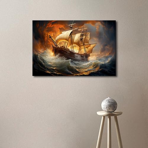 Pirate Ship Wall Art Canvas - Stormy Ocean Sunset Scene - 24x16 in - Framed Wall Decoration - Fantasy Boat Picture - Ready to Hang