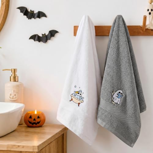Halloween Hand Towels Set of 2 – Ghost Embroidered Cotton Bathroom and Kitchen Decor – Gray and White, Medium Variation