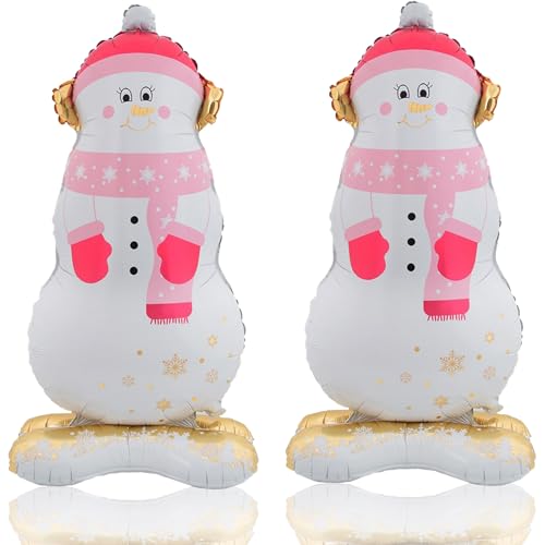 Pink Snowman Balloons Christmas Party Decorations - Self Standing Winter Balloon Set of 2