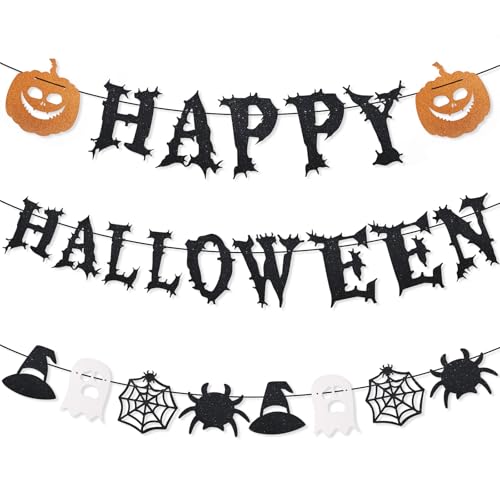Halloween Banners Set - Spooky Hanging Garland with Pumpkins, Ghosts & Witch Hats