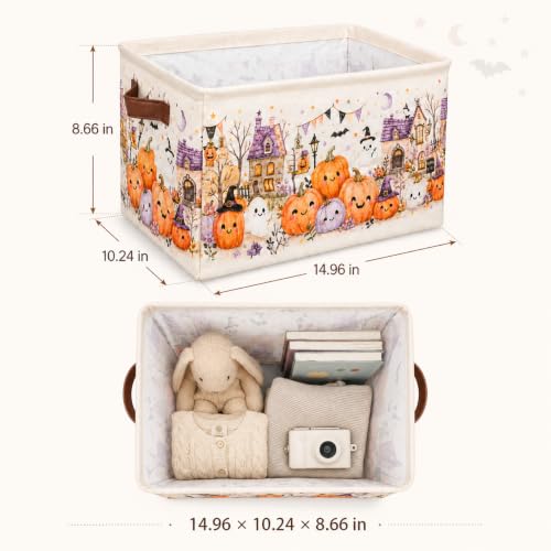 Beige Halloween Foldable Canvas Storage Baskets with Handles - Set of 3