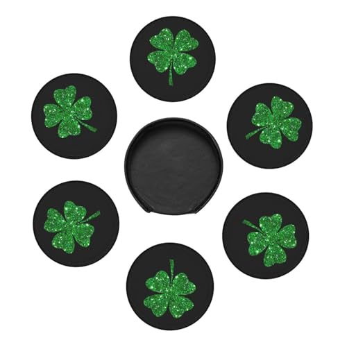 St. Patrick's Day Shamrock Coaster Set with Holder - 6 Green Leather Drink Coasters, 4 Inch, Cute Table Decor - One Size