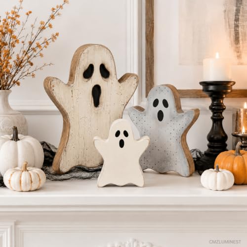Halloween Ghost Decor Set - Crackle Distressed Wooden Ghosts for Indoor Home Halloween Decorations
