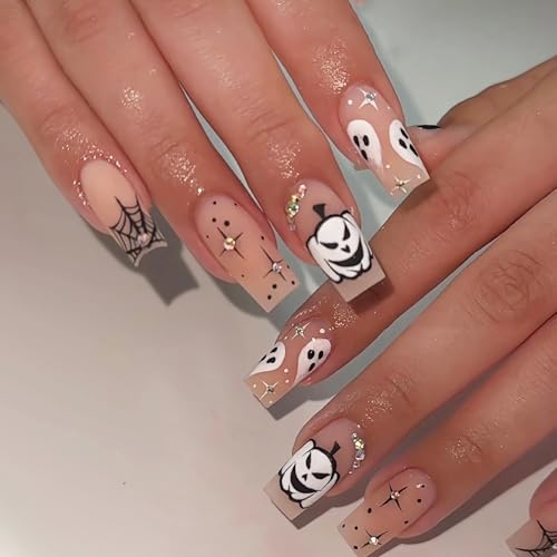 Halloween Press On Nails Set - Medium Square Fake Nails with Pumpkin Spider Web Ghost Star Designs, Reusable Glossy Nude Acrylic Nails for Women, Variant 17