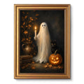 Ghost Holding Candle Wall Art Canvas - Vintage Halloween Gold Frame, 16x12 Inches - Ghost & Black Cat Scene