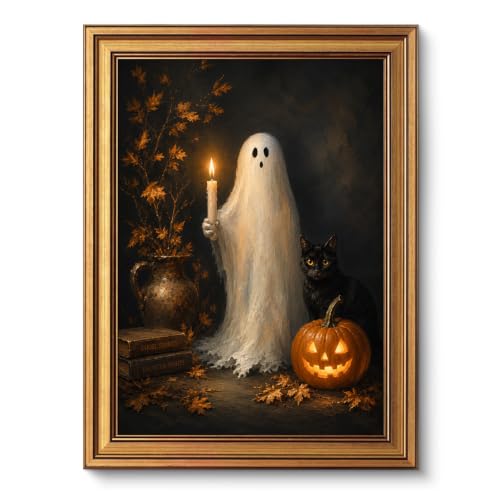 Ghost Holding Candle Wall Art Canvas - Vintage Halloween Gold Frame, 16x12 Inches - Ghost & Black Cat Scene