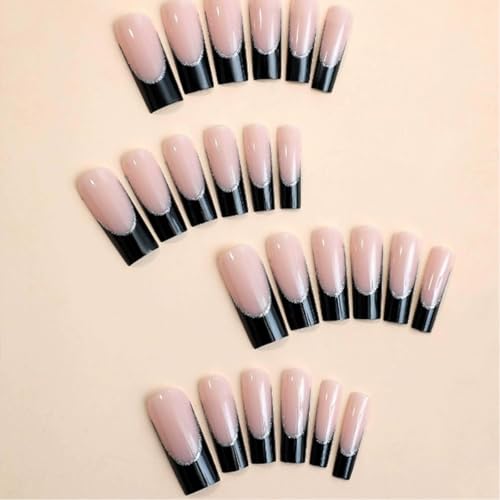 120Pcs Long Square Black French Tip Press On Nails with Glitter & Designs - Style-17
