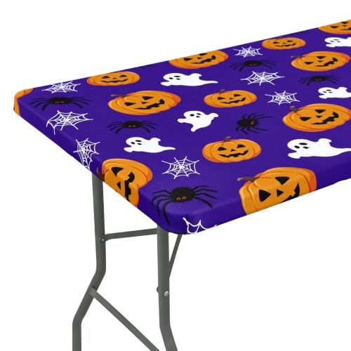 Halloween Tablecloth for 8 Foot Rectangular Tables - Spandex, Washable, Elastic, Reusable, Outdoor & Indoor Use - Ghost Pumpkin Pattern, 96x30 Inches - Orange & Black