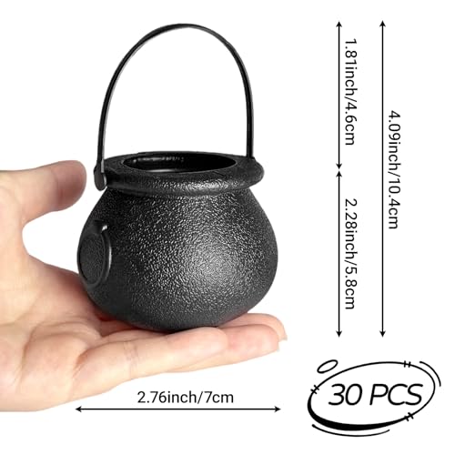 Black Halloween Plastic Candy Cauldrons - 30 Mini Witch Buckets with Handles for Party Favors & Decor - Variation of Black 30pcs