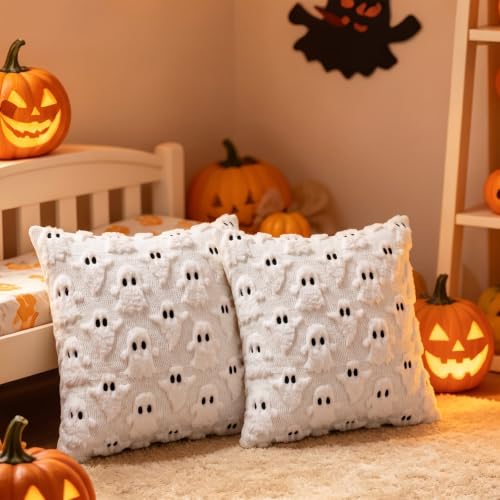 Set of 4 Halloween Ghost Pillow Covers 18x18 Plush Cushion Decor