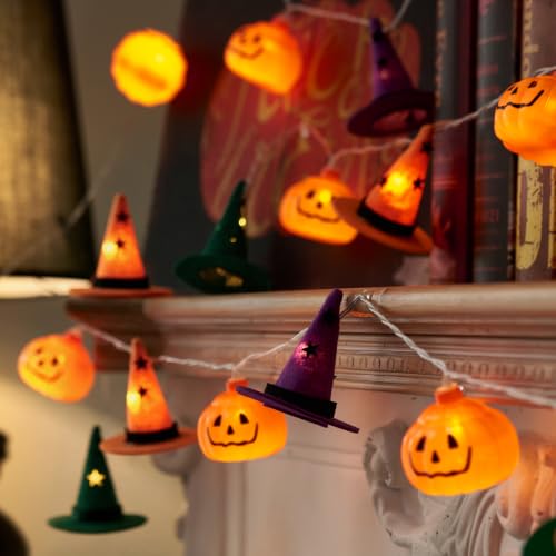 Halloween String Lights with Pumpkin & Witch Hat Decor - 9.8FT, 20 LEDs, Battery Operated, Two Modes - Pumpkin Witch Hat Lights