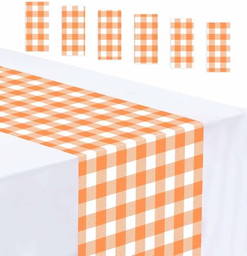 Orange Gingham Table Runner - 6 Pack Disposable Plastic Checkered Table Decor