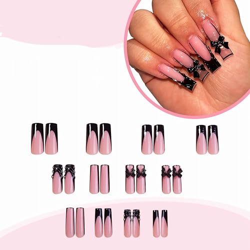 BABALAL ANV05 Long Square Fake Nails Black Goth French Tip 3D Texture Set - Bow Charm 24Pcs