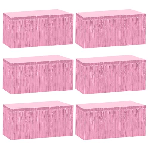 Pink Foil Tinsel Fringe Table Skirt - 6 Pack, 29.5x108 Inches, Disposable for Parties