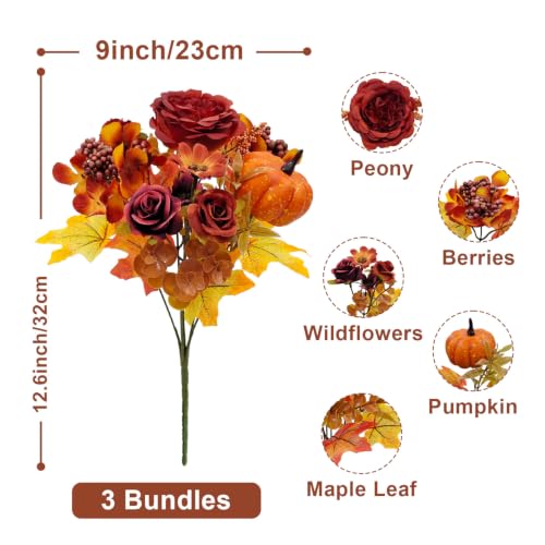 Fall Artificial Flower Bouquet with Pumpkin Accents - Red, 3 Bundles Autumn Decor