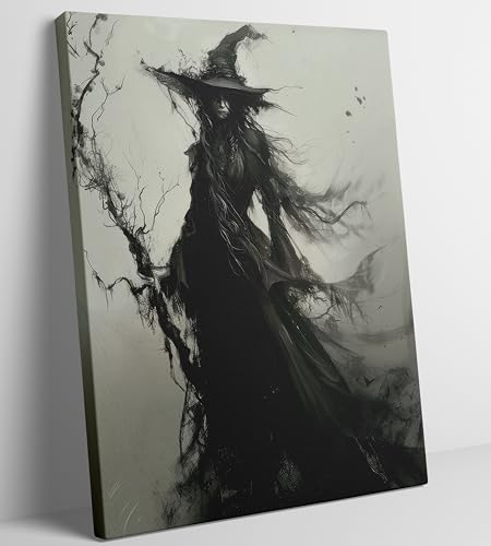 Witch Canvas Wall Art - Halloween Creepy Gothic Dark Decor, 16x12 Inches - Wrapped Canvas
