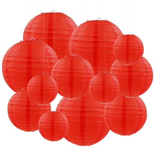 Red Paper Lanterns Set of 12 - Round Hanging Decorations for Weddings & Parties