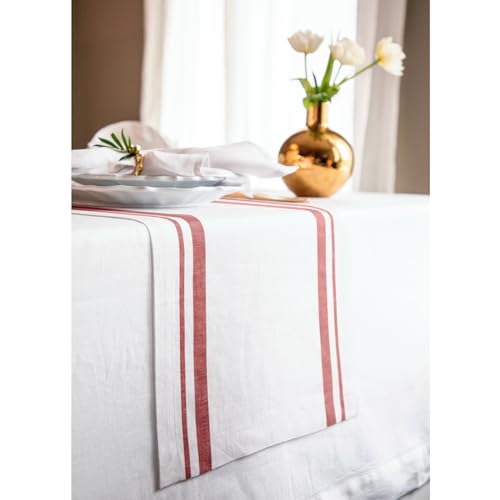 Red & White Stripe Linen Table Runner - 14 x 108 Inches, Handcrafted European Flax