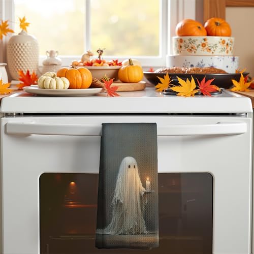 Halloween Ghost Candle Holder Kitchen Towels - Spooky Hand Towels for Bathroom & Kitchen, 13 Colors, 16x24 Inch