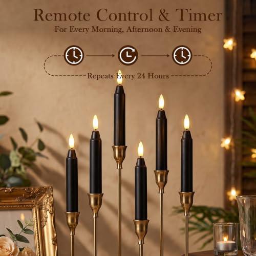 Black 6-Inch Flameless Taper Candles with Remote & Timer - Real Wax