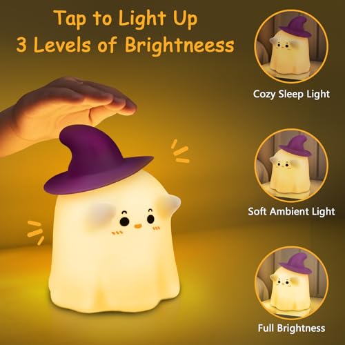 Ghost Night Light with Timer - Magician Warm White Squeeze Touch Lamp - Rechargeable and Dimmable Halloween Decor