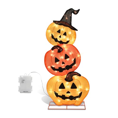 Lighted Halloween Stacked Pumpkins Decoration with 50 Warm White LEDs - Indoor & Outdoor Porch Yard Display - 39 Inches Tall - Variations of Stacked Pumpkins