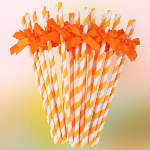 Orange Bow Striped Paper Straws - 24 Pack Biodegradable Disposable Drinkware for Parties