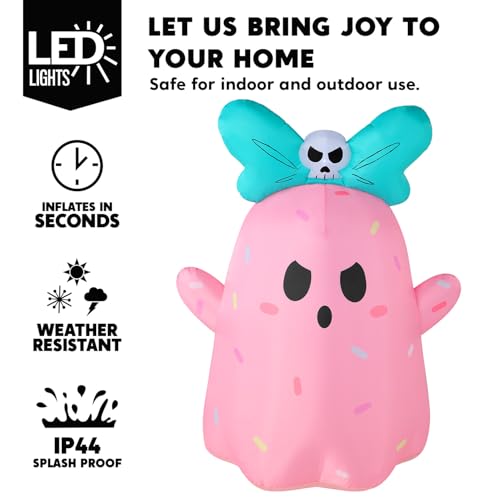 Pink Halloween Inflatable Ghost 5FT Tall with LED Lights & Bowknot - Outdoor Yard Decor