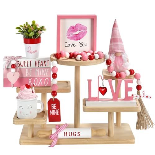 Pink Valentine's Day Tiered Tray Decor Set - 8 Pieces, Farmhouse Style, Includes Gnome & Heart Accents - Pink Valentine