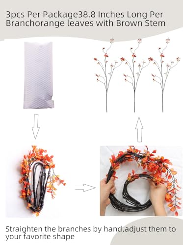 Fall Orange Faux Leaf Stems for Vase - 38.8in 3-Pack, Adjustable Autumn Decor