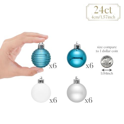 Light Blue Silver Christmas Tree Ball Ornaments Set - 24 Pcs 1.57" - Valery Madelyn