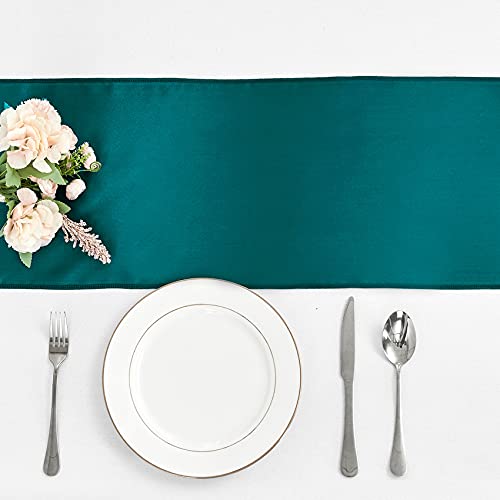 12x108 Inch Peacock Blue Satin Table Runner - 10 Pack for Wedding & Party Decor