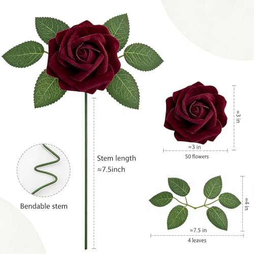 Artificial Rose Flowers 50PCS Foam Roses with Leaves for Wedding & Party Decor - Red