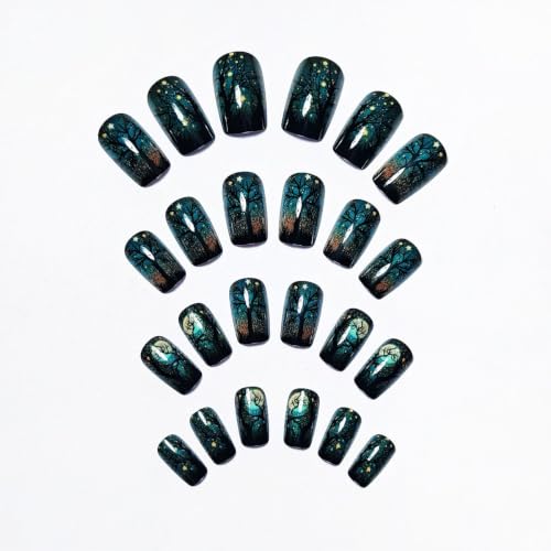 Halloween Press On Nails Medium Square with Dark Night Forest Moon & Star - Style3