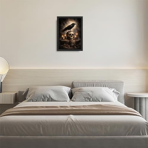 Gothic Crow Wall Art Canvas Print - Raven Skull Dark Academia Decor 16"L x 12"W - Black Frame