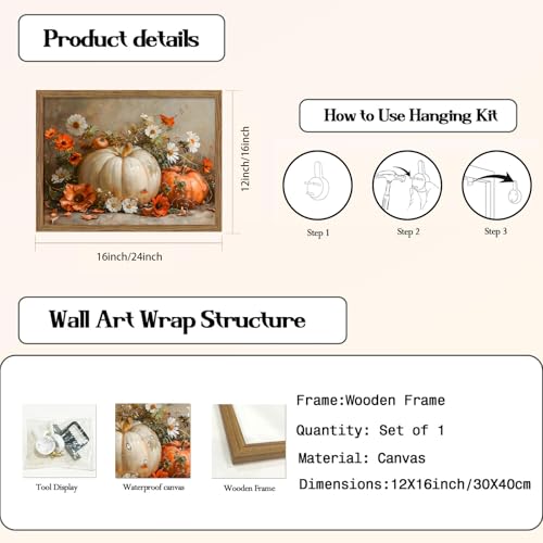 Golden Pumpkin Wall Art - Fall Canvas Framed Art 16x12 Inches - Rustic Pumpkin Decor