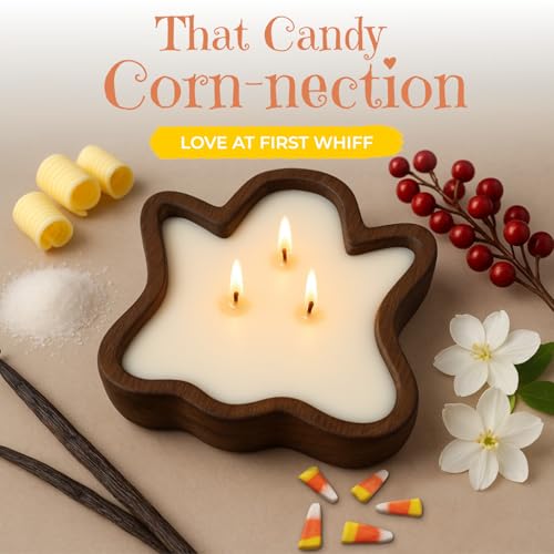 Ghost Halloween Candle with Candy Corn Scent - 7x7x2in Soy Wax Fall Decor - Ghost Variation