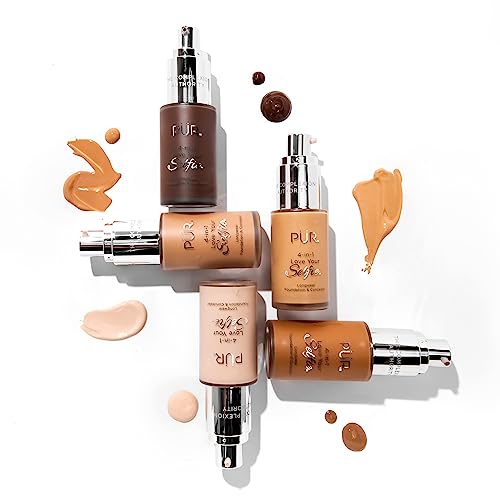 PÜR MINERALS 4-in-1 Love Your Selfie Foundation & Concealer - Longwear Full Coverage Liquid Makeup Foundation with Hydrating Blend for Refined-Looking, Natural Beauty Glow, Skin Texture & Tone