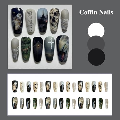 Press On Nails Long Coffin Goth Black with Owl Castle Design - 30 pcs, Variation 01701-22Black