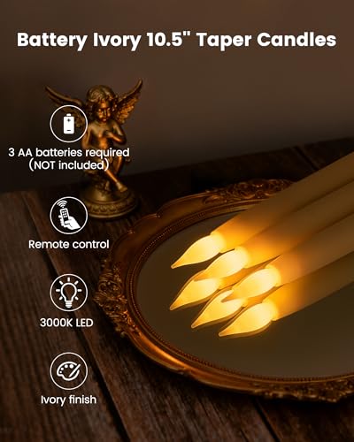 10.5 Inch Flameless Ivory Taper Candles with Remote & Timer - Warm White 3000K - 6 Pack