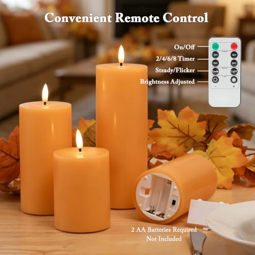 JOIONE Orange Fall Flameless Pillar Candles with Remote - 4 Pack Autumn Decor